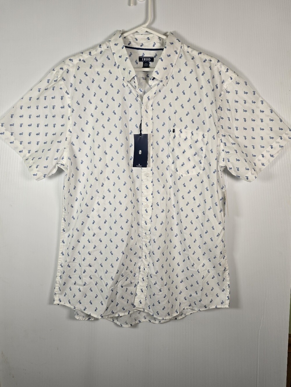 NWT Izod Men's White Short-Sleeve Button-Down Shirt with Blue Pelican Print XL